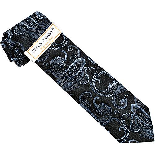 Stacy Adams Collection SA017 Black / Charcoal Grey Paisley Design 100% Woven Silk Necktie/Hanky Set